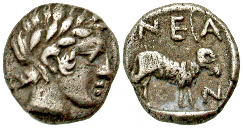 "Troas, Neandria. 400-310 B.C. AR obol (8.35 mm, .55 g, ' h). Laureate head of A...