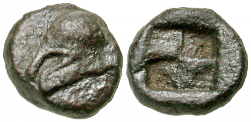 "Ionia, Uncertain . Ca. 500 B.C. AR obol (8.23 mm, .69 g). Helmet facing left / ...