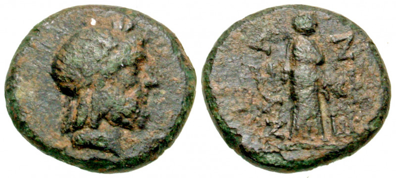 "Lydia, Nysa. 1st century B.C. AE 13 (12.67 mm, 1.59 g, 12 h). Laureate head of ...