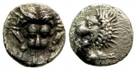 "Caria, Mylasa. Ca. 420-390 B.C. AR hemiobol (6,8 mm, 0,47 g, 11 h). Forepart of lion right, head left / Facing lion?s scalp. SNG Keckman 841; Troxell...