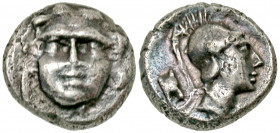 "Pisidia, Selge. Ca. 350-300 B.C. AR obol (8.7 mm, .92 g, 12 h). Facing gorgoneion / Helmeted head of Athena right; spear over shoulder, astralagos be...