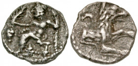 "Lykaonia, Laranda. Ca. 324/3 B.C. AR obol (9.7 mm, .60 g, 6 h). Baaltars seated left, holding grain ear, grapes, and scepter / Forepart of wolf right...