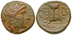 "Seleukid Kingdom. Antiochos II Theos. 261-246 B.C. AE 17 (16.6 mm, 3.95 g, 12 h). Sardes mint. Laureate head of Apollo to right / ΒΑΣΙΛΕΩΣ ANTIOXOY, ...