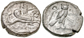 "Phoenicia, Tyre. 'Ozmilk (Azemilkos). Ca. 349-311/0 BC. AR didrachm (19.7 mm, 8.72 g, 12 h). Deity, holding reins and arched bow, riding hippocamp ri...