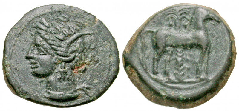 "Carthage. Ca. 400-350 B.C. AE unit (17.6 mm, 3.25 g, 7 h). Wreathed head of Tan...