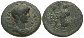 "Pamphylia, Side. Nero. A.D. 54-68. AE hemiassarion (19.9 mm, 4.82 g, 1 h). NEPωN KAICAP, laureate head of Nero right / CIΔHT, Athena advancing left, ...