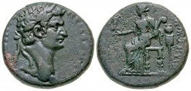 "Pamphylia, Side. Domitian. A.D. 81-96. AE 28 (28.3 mm, 18.49 g, 1 h). ΔOMITIANOC KAICAP ΓEPMANIKOC, Laureate head of Domitian right / CIΔHTWN, Tyche ...