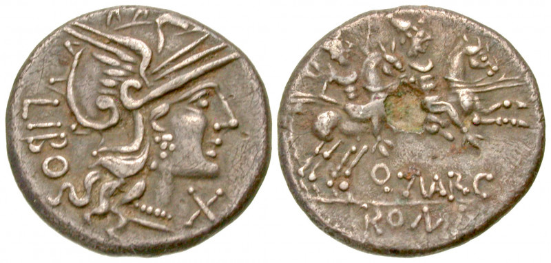 "Q. Marcus Libo. 148 B.C. AR fourrée denarius (18.3 mm, 3.06 g, 7 h). Rome mint....