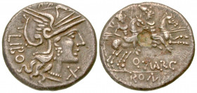 "Q. Marcus Libo. 148 B.C. AR fourrée denarius (18.3 mm, 3.06 g, 7 h). Rome mint. LIBO, helmeted head of Roma right, X below chin / Q·MARC / ROMA, the ...
