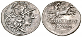 "C. Titinius. 141 B.C. AR fourrée denarius (19.1 mm, 1.37 g, 12 h). Rome mint. Helmeted head of Roma to right; XVI downwards behind / Victory in biga ...