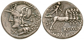 "M. Baebius Q.f. Tampilus. 137 B.C. AR denarius (19.7 mm, 3.55 g, 5 h). Rome mint. TAMPIL, helmeted head of Roma left, wearing beaded necklace; X belo...