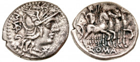"M. Vargunteius. 130 B.C. AR denarius (20.5 mm, 3.76 g, 7 h). Rome mint. M VARG, helmeted head of Roma right, monogram below chin / ROMA, Jupiter in q...