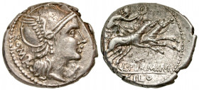 "L. Flaminius Chilo. 109-108 B.C. AR denarius (19.4 mm, 3.97 g, 6 h). Rome mint. [ROMA] behind, helmeted head of Roma right; denomination before / L ·...