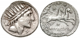 "Man. Aquillius. 109-108 B.C. AR denarius (19.9 mm, 3.73 g, 9 h). Rome mint. Radiate head of Sol right; X below chin / MN·AQVIL/ROMA, Luna driving gal...