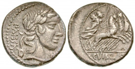 "C. Vibius C.f. Pansa. 90 B.C. AR denarius (18.4 mm, 3.76 g, 2 h). Rome mint. PANSA, laureate head of Apollo right; trident below chin / C·VIBIVS·C·F ...