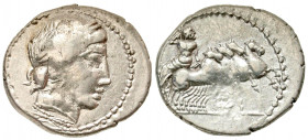 "Anonymous. 86 B.C. AR denarius (21.4 mm, 3.41 g, 7 h). Rome mint. Laureate head of Apollo right, thunderbolt below neck / Jupiter driving quadriga ri...
