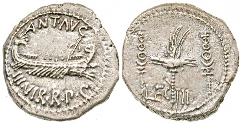 "Mark Antony. 32-31 B.C. AR denarius (18.5 mm, 3.43 g, 7 h). Patrae (?), struck ...