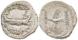 "Mark Antony. 32-31 B.C. AR denarius (18.5 mm, 3.43 g, 7 h). Patrae (?), struck 32-31 B.C. ANT · AVG III VIR · R · P · C, praetorian galley right / LE...