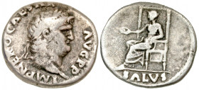 "Nero. A.D. 54-68. AR denarius (16.9 mm, 2.52 g, 6 h). Rome mint, struck A.D. 67-68. IMP NERO CAESAR AVG P P, laureate head of Nero right / SALVS, Sal...