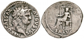 "Nero. A.D. 54-68. AR denarius (19.2 mm, 2.85 g, 7 h). Rome mint, struck A.D. 65-66. NERO CAESAR AVGVSTVS, laureate head of Nero right; dotted border ...