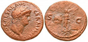 "Nero. A.D. 54-68. AE as (27.9 mm, 9.78 g, 6 h). Rome mint, struck A.D. 65. NERO · CAESAR · AVG · GERM · IMP, laureate head of Nero right / anepigraph...