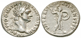 "Domitian. A.D. 81-96. AR denarius (18.3 mm, 3.53 g, 7 h). Rome mint, A.D. 95-96. IMP CAES DOMIT AVG GERM PM TRP XIII, Laureate head of Domitian right...