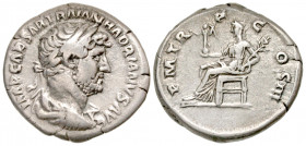 "Hadrian. A.D. 117-138. AR denarius (19 mm, 3.30 g, 6 h). Rome mint, ca. A.D. 119-125. IMP CAESAR TRAIAN HADRIANVS AVG, Radiate, draped and cuirassed ...