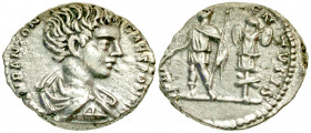 "Caracalla. A.D. 198-217. AR denarius (18 mm, 3.47 g, 7 h). Rome mint, A,D, 197. M AVR ANTON CAES PONTIF, Bare-headed, draped and cuirassed bust of Ca...