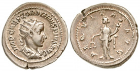 "Gordian III. A.D. 238-244. AR antoninianus (24.2 mm, 5.77 g, 7 h). Rome mint, struck A.D. 238/9. IMP CAES M ANT GORDIANVS AVG, radiate, draped and cu...
