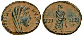 "Divus Constantine I. Died A.D. 337. AE follis (14.03 mm, 1.58 g, 12 h). Uncertain mint, struck A.D. 342-348. DV CONSTANTI-NVS PT AVGG, veiled head of...