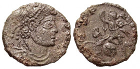 "Barbarous Imitation. Ca. 4th century A.D. AE 3/4 (12.8 mm, 0.93 g). Barbarous mint. Pearl-diademed, draped and cuirassed bust right / Soldier spearin...