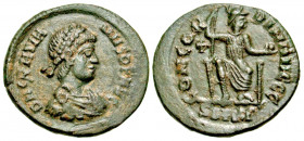 "Gratian. A.D. 367-383. AE 3 (18.78 mm, 2.28 g, 1 h). Cyzicus mint, Struck A.D. 379-383. D N GRATIA-NVS P F AVG, pearl-diademed, draped and cuirassed ...