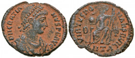 "Gratian. A.D. 367-383. AE 3 (19.6 mm, 2.15 g, 6 h). Antioch mint, Struck A.D. 383-386. D N GRATIA-NVS P F AVG, pearl-diademed, draped and cuirassed b...