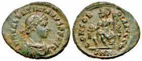"Valentinian II. A.D. 375-392. AE 3 (19.80 mm, 1.57 g, 12 h). Heraclea mint, Struck A.D. 379-383. D N VALENTINIANVS P F AVG, laureate, draped and cuir...