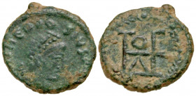 "Theodosius II. A.D. 402-450. AE nummus (13.4 mm, 1.69 g, 12 h). Constantinople mint, Struck A.D. 445-450. [D N T]HEODOSIVS [P F AVG], pearl-diademed,...