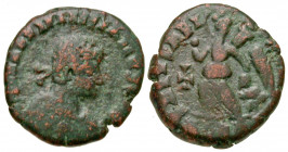 "Valentinian III. A.D. 425-455. AE nummus (12.1 mm, 1.10 g, 12 h). Rome mint, Struck A.D.425-435. D N PLA VALENTINIANVS P F A[VG], diademed, draped an...