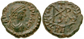 "Marcian. A.D. 450-457. AE nummus (10.5 mm, 1.06 g, 1 h). Constantinople mint, Struck A.D. 450-457. D N MA[RCIAN]VS P F AVG, diademed, draped and cuir...