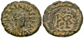 "Marcian. A.D. 450-457. AE nummus (11.8 mm, .88 g, 7 h). Constantinople mint, Struck A.D. 450-457. D N MARCIANVS P F AVG, diademed, draped and cuirass...