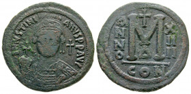 "Justinian I. 527-565. AE follis (39.8 mm, 23.54 g, 7 h). Constantinople mint, Dated year 14 = 540/541. DN IVSTINIANVS PP AVG, helmeted and cuirassed ...