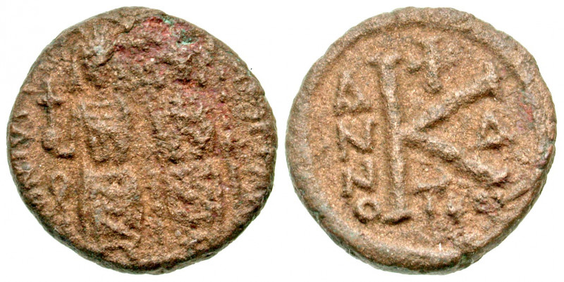 "Justin II. 565-578. AE half follis (18.8 mm, 5.21 g, 7 h). Thessalonica mint, s...