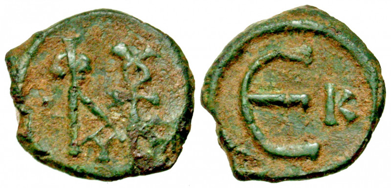 "Justin II. 565-578. AE pentanummium (13.91 mm, 1.16 g, 7 h). Cyzicus mint. Mono...