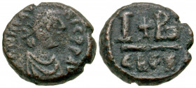 "Maurice Tiberius. 582-602. AE 12 nummi (16.3 mm, 4.22 g, 7 h). Alexandria mint. D N MAV - RIC PP AV, diademed and draped bust of Maurice right / Larg...