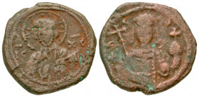 "John II Comnenus. 1118-1143. AE tetarteron (18.9 mm, 4.07 g, 7 h). Constantinople mint. Facing bust of Christ, wearing pallium and colobium, raising ...