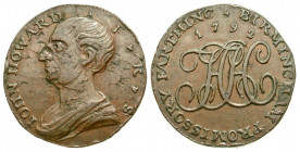 "England, Birmingham. John Howard. AE farthing token (21.60 mm, 5.49 g, 12 h). 1792. IOHN HOWARD · F · R · S , bare-headed and draped bust of Joun How...