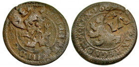 "Spain. Philip III. 1598-1620. AE 2 maravedis (20.86 mm, 2.92 g, 11 h). "Ingenio" milled coinage / "resello" issue, countermarked as 6 maravedis. Sego...