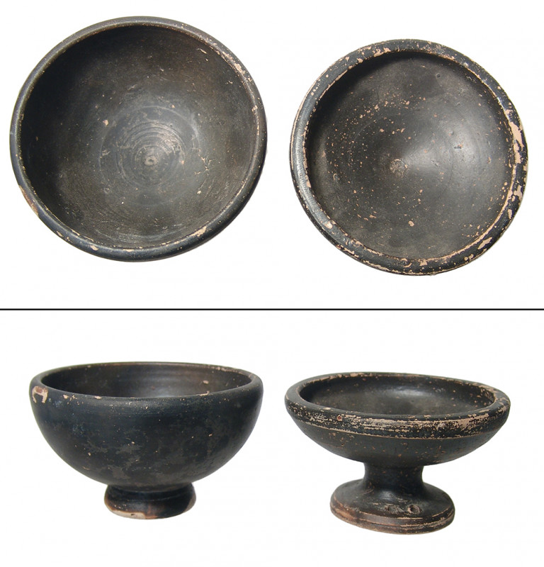 "A pair of Greek black glazed bowls, ca. 4th Century B.C. , the first with pedes...