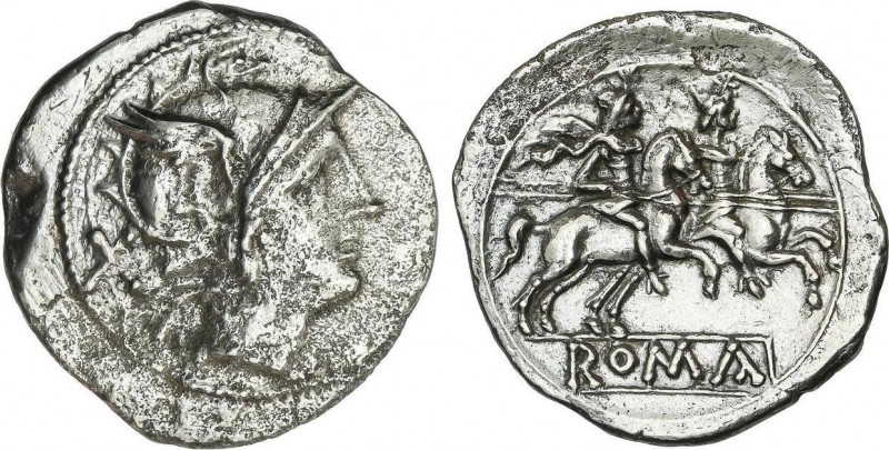 Denario. 200-190 a.C. ANÓNIMO. SUR de ITALIA. Rev.: Dióscuros a caballo a derech...