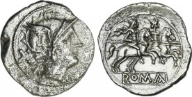 Denario. 200-190 a.C. ANÓNIMO. SUR de ITALIA. Rev.: Dióscuros a caballo a derecha, encima estrellas. En exergo: ROMA en relieve dentro de cartela. 3,3...