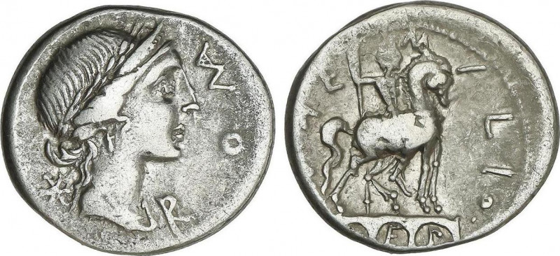 Denario. 114-113 a.C. AEMILIA. Man. Aemilius Lepidus. SUR de ITALIA. Anv.: Cabez...