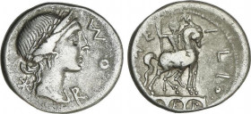 Denario. 114-113 a.C. AEMILIA. Man. Aemilius Lepidus. SUR de ITALIA. Anv.: Cabeza laureada de Roma a derecha, detrás *, delante ROMA (MA entrelazadas)...